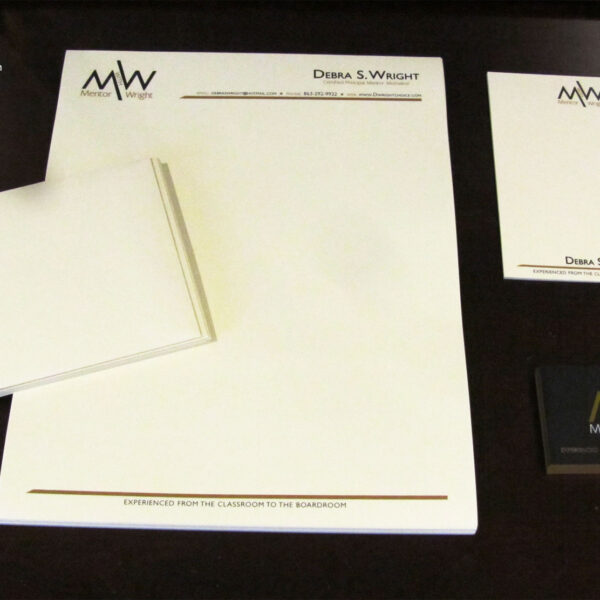 Mentor with Wright stationery letterhead, note card, business cards and envelopes