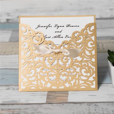 Scrolling Square Bow Pocket Laser Cut Wedding Invitation - gold