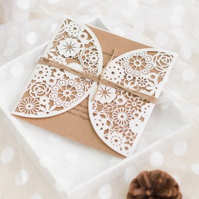 Rustic Floral Pocket with Twine String wedding invitation. Kraft and Cream color