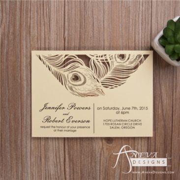 Peacock Feather Top Laser Cut Wedding Invitation - Ivory