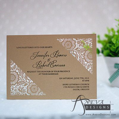Flower Diagonal Corners laser cut paper wedding invitations in kraft