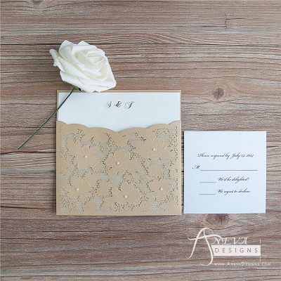 Embellished Floral Pocket laser cut wedding invitation and RSVP card