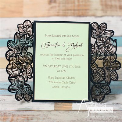 Fine Flower Gatefold laser cut wedding invitation in black