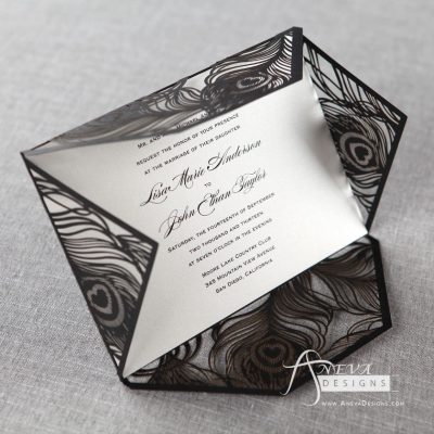 Peacock Feather Wrap laser cut wedding invitations - black