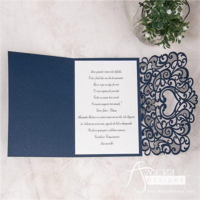Heart Swirls Tri-Fold Card With Bow laser cut wedding invitation - navy