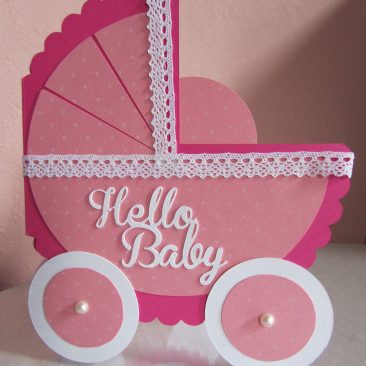 Handmade Pink Carriage Baby Card with lace and pearls