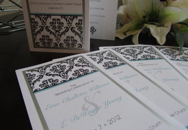 Wedding Z-fold program damask pattern with silver foil border