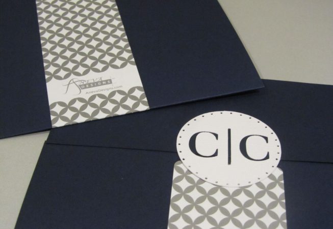 Gray Navy Wedding Package - Gatefold Enclosure with monogram cut-out seal