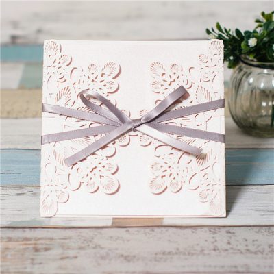 Abstract Flowers Unity Laser Cut Wedding Invitations with grey ribbon