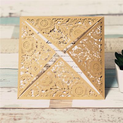Floral Four Triangles Laser Cut Wedding Invitations - WPL0014, gold