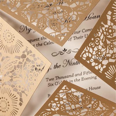 Detail - Floral Four Triangles Laser Cut Wedding Invitations - WPL0014, gold