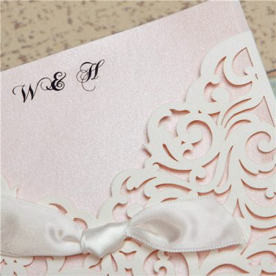Scrolling Square Bow Pocket Wedding Invitation - detail - white