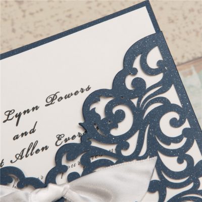Scrolling Square Bow Pocket Wedding Invitation  - navy - detail