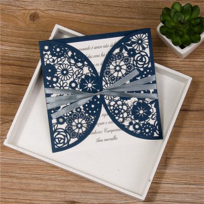 Rustic Floral Pocket with ribbon in navy, laser cut wedding invitation
