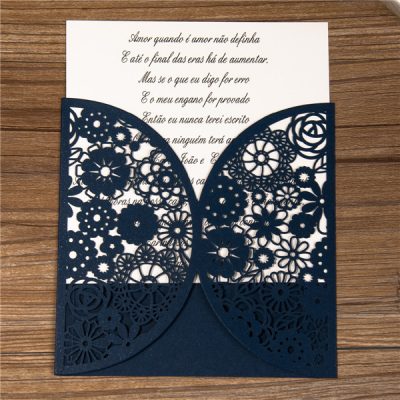 Rustic Floral Pocket laser cut wedding invitation in navy