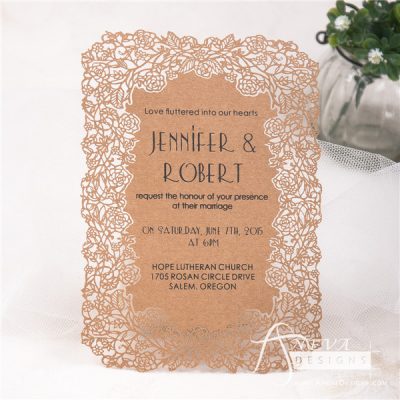 Floral Border Flat Card Wedding Invitations - kraft
