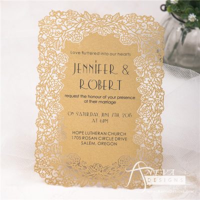Floral Border Flat Card Wedding Invitations - gold