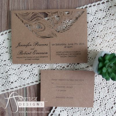 Peacock Feather Top Laser Cut Wedding Invitation and RSVP Card- kraft