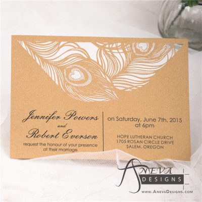 Peacock Feather Top Laser Cut Wedding Invitation - gold