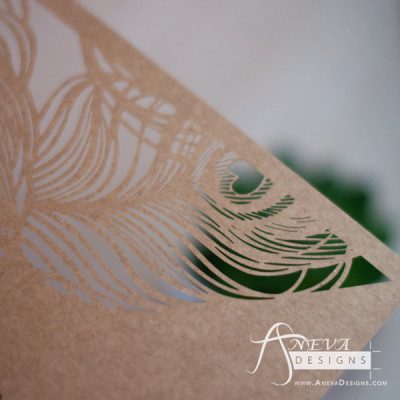 Peacock Feather Top Laser Cut Wedding Invitation - detail (kraft)