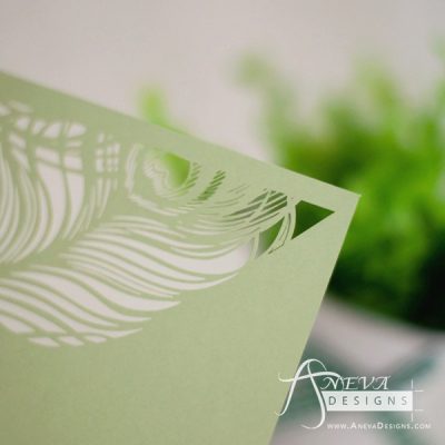 Peacock Feather Top Laser Cut Wedding Invitation - detail (green)