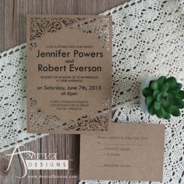 Scrolling Frame laser cut wedding invitations and RSVP card- kraft
