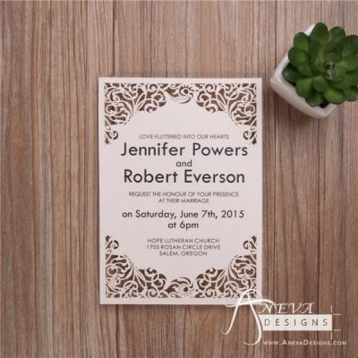 Scrolling Frame laser cut wedding invitations - blush pink