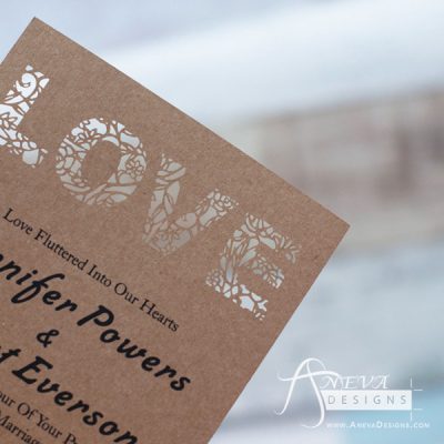 LOVE type laser cut paper wedding invitation - detail