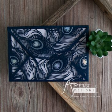Peacock Feather Envelope with Metallic Accent laser cut invitation - navy blue