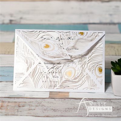 Peacock Feather Envelope with Metallic Accent laser cut invitation