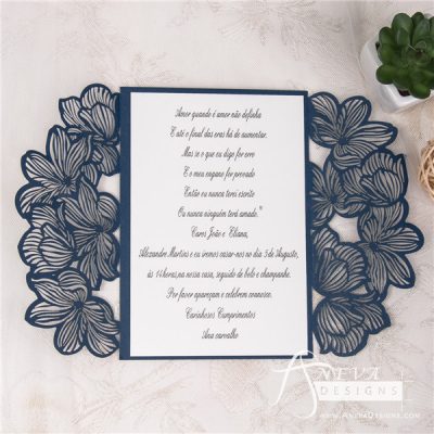 Fine Flower Gatefold laser cut wedding invitation - navy