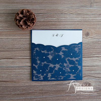 Embellished Floral Pocket laser cut wedding invitation - navy