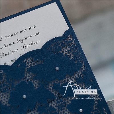 Embellished Floral Pocket laser cut wedding invitation - navy detail