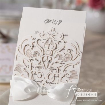 Intricate Symmetry Pocket with Ribbon laser cut wedding invitation
