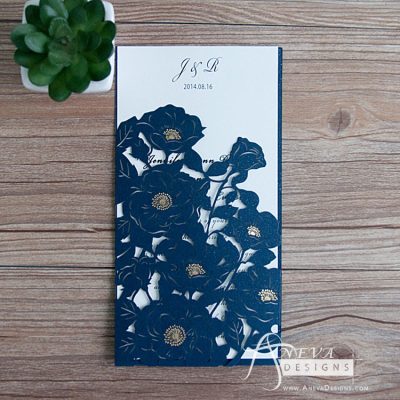 Peony Flowers with Metallic Accent laser cut wedding invitations - navy