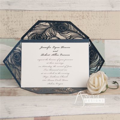 Peacock Feather Wrap laser cut wedding invitations - navy