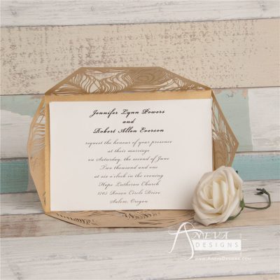 Peacock Feather Wrap laser cut wedding invitations - gold