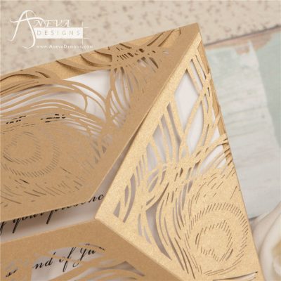 Peacock Feather Wrap laser cut wedding invitations - gold