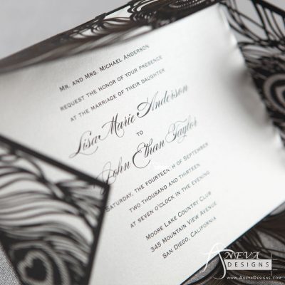 Peacock Feather Wrap laser cut wedding invitations -black