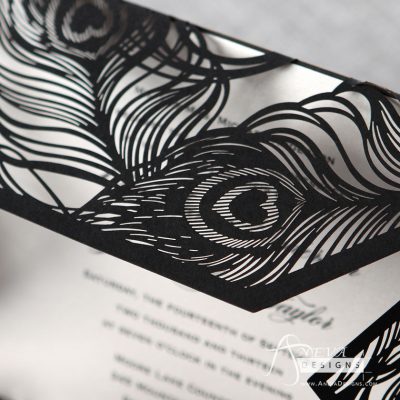 Peacock Feather Wrap laser cut wedding invitations - black detail