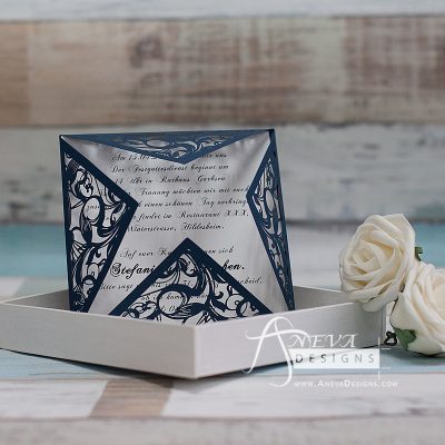 Swirling Stems Laser cut paper wedding invitations - navy