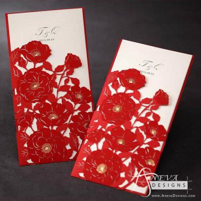Peony Flowers with Metallic Accent laser cut wedding invitations - red