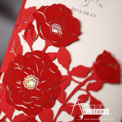 Peony Flowers with Metallic Accent laser cut wedding invitations - red detail