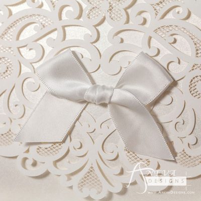 Heart Swirls Tri-Fold Card With Bow laser cut wedding invitation - detail