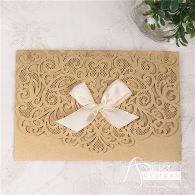 Heart Swirls Tri-Fold Card With Bow laser cut wedding invitation