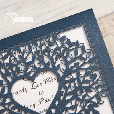 Double Tree Sweethearts Top Fold laser cut invitation - navy detail