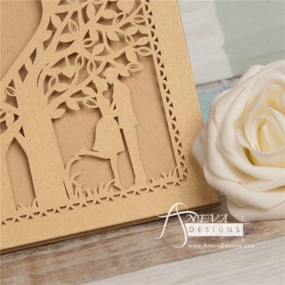 Double Tree Sweethearts Top Fold laser cut invitation - detail